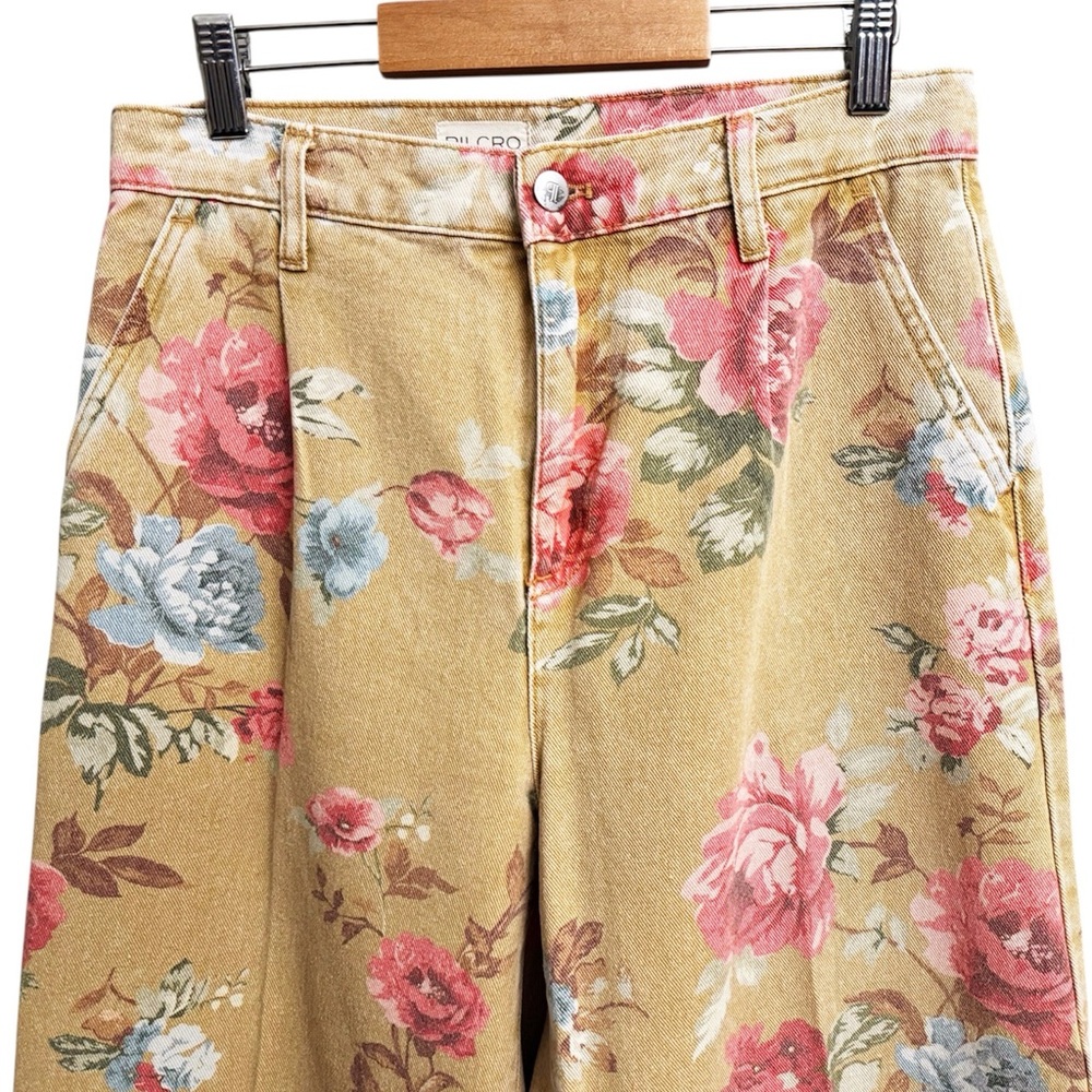 Anthropologie Floral Wide-Leg Jeans in Tan with Pink & Blue Roses - Picture 4 of 7